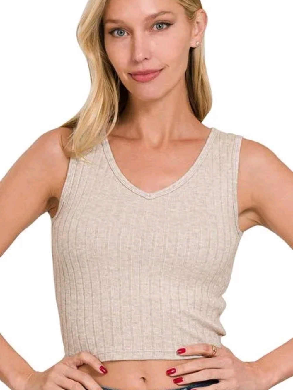 Zenana Ribbed V-Neck Cropped Tank in Ash Mocha
